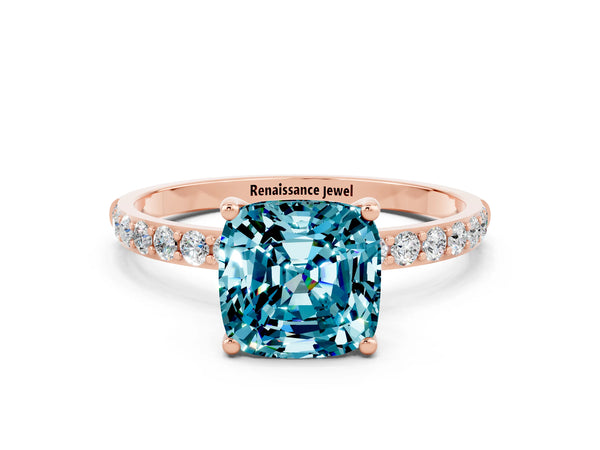 Rose gold Cushion Cut Blue Topaz Solitaire Ring with Round  Pavé Band and Prong Setting