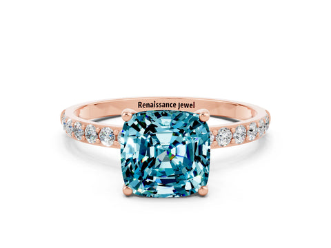 Rose gold Cushion Cut Blue Topaz Solitaire Ring with Pave Band and Four Prong Setting_24