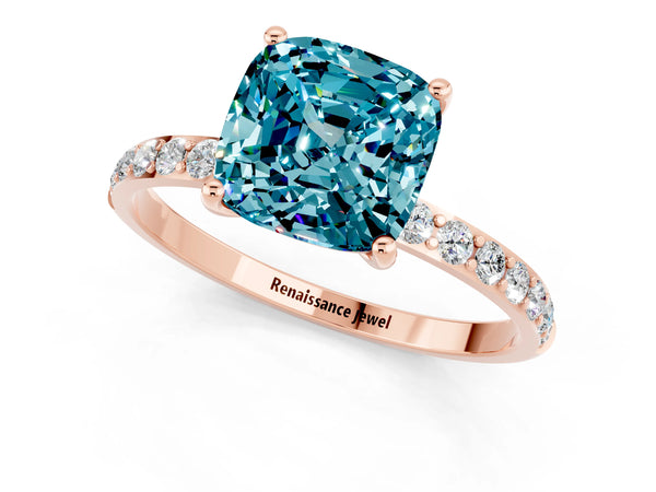 Rose gold Cushion Cut Blue Topaz Solitaire Ring with Round  Pavé Band and Prong Setting