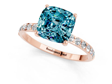 Rose gold Cushion Cut Blue Topaz Solitaire Ring with Pave Band and Four Prong Setting_25