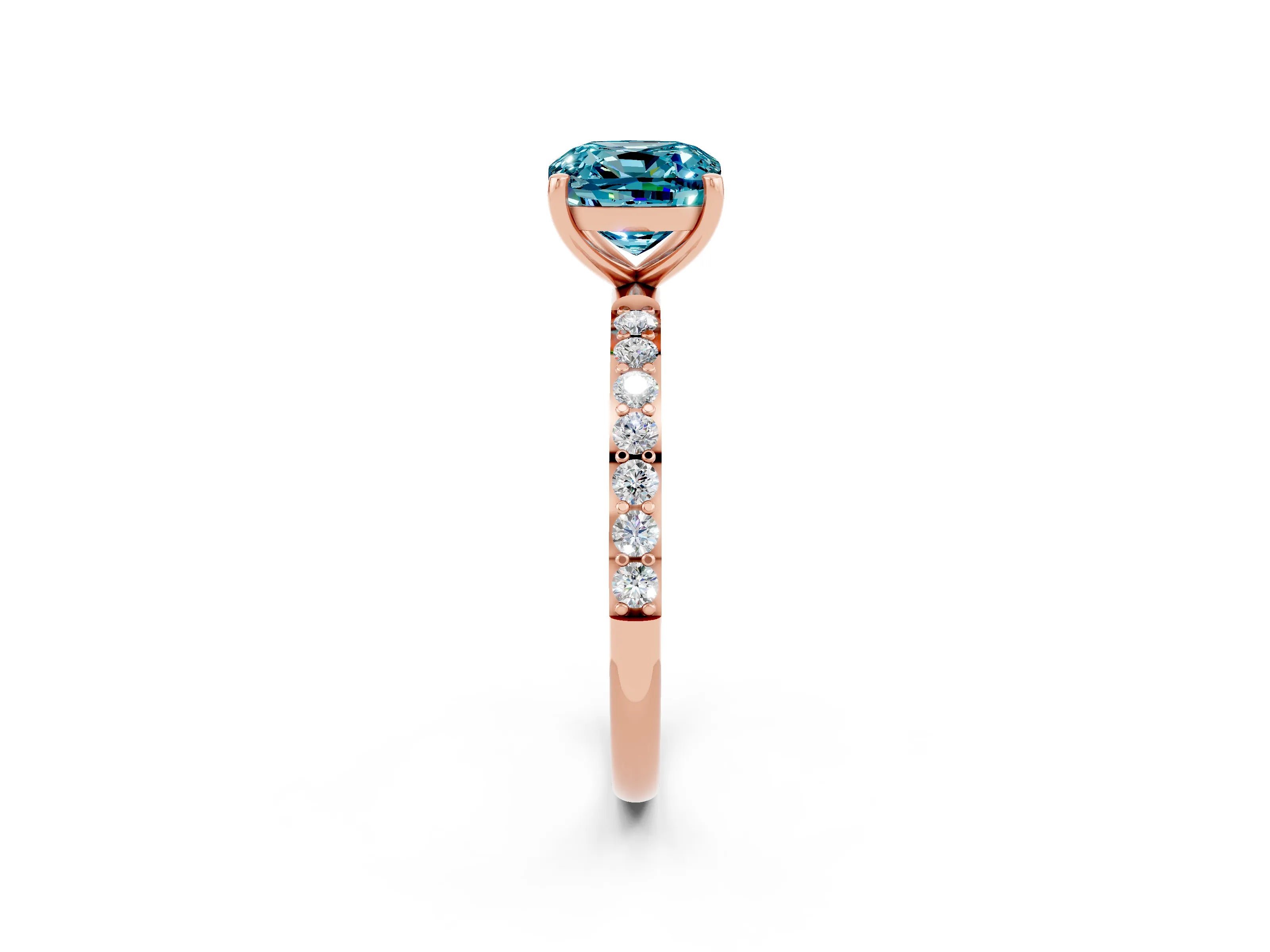 Rose gold Cushion Cut Blue Topaz Solitaire Ring with Pave Band and Four Prong Setting_26