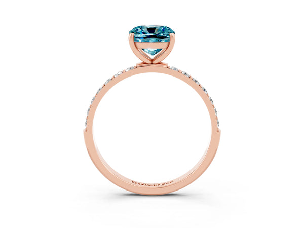 Rose gold Cushion Cut Blue Topaz Solitaire Ring with Round  Pavé Band and Prong Setting