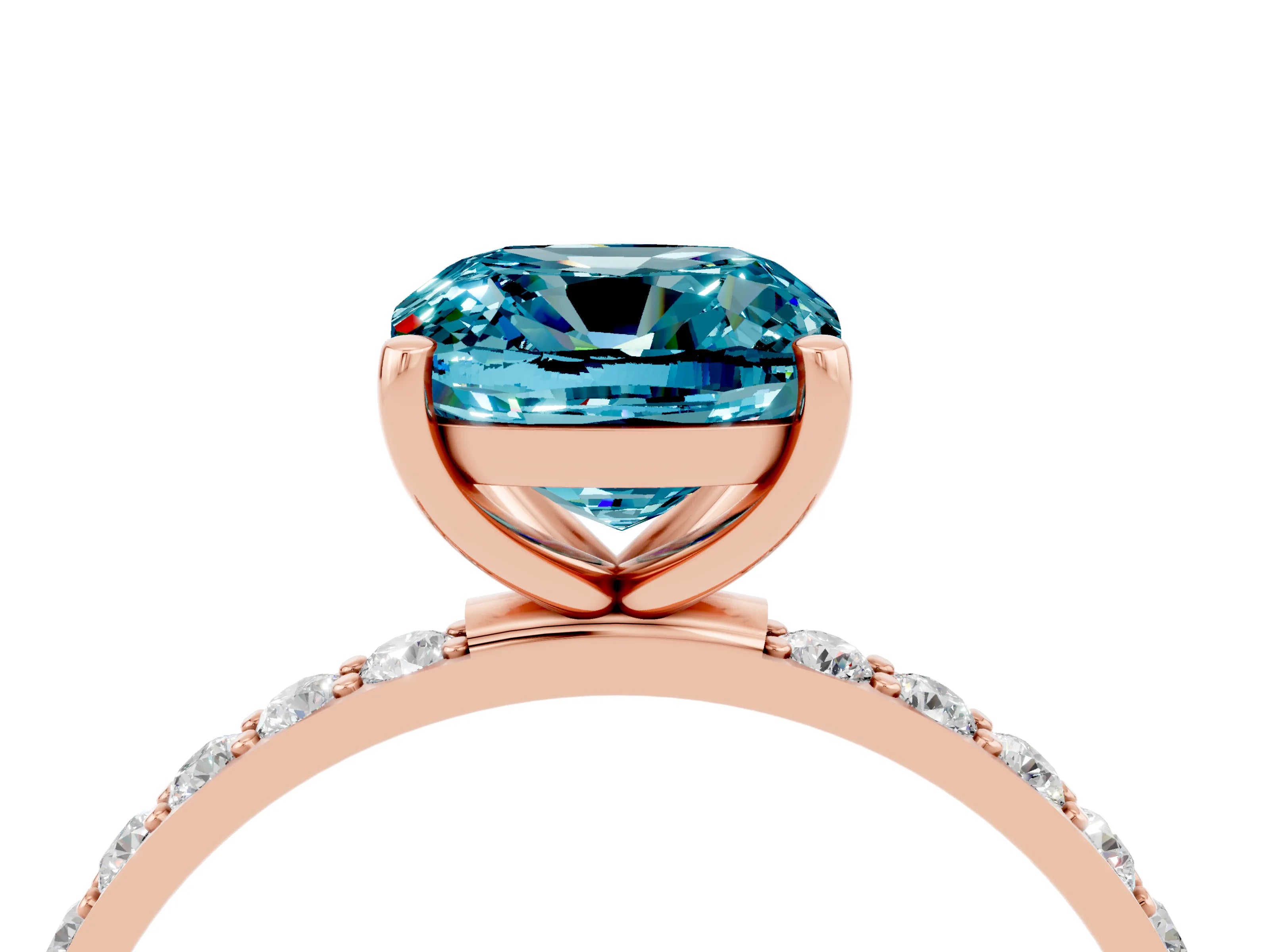 Rose gold Cushion Cut Blue Topaz Solitaire Ring with Pave Band and Four Prong Setting_28