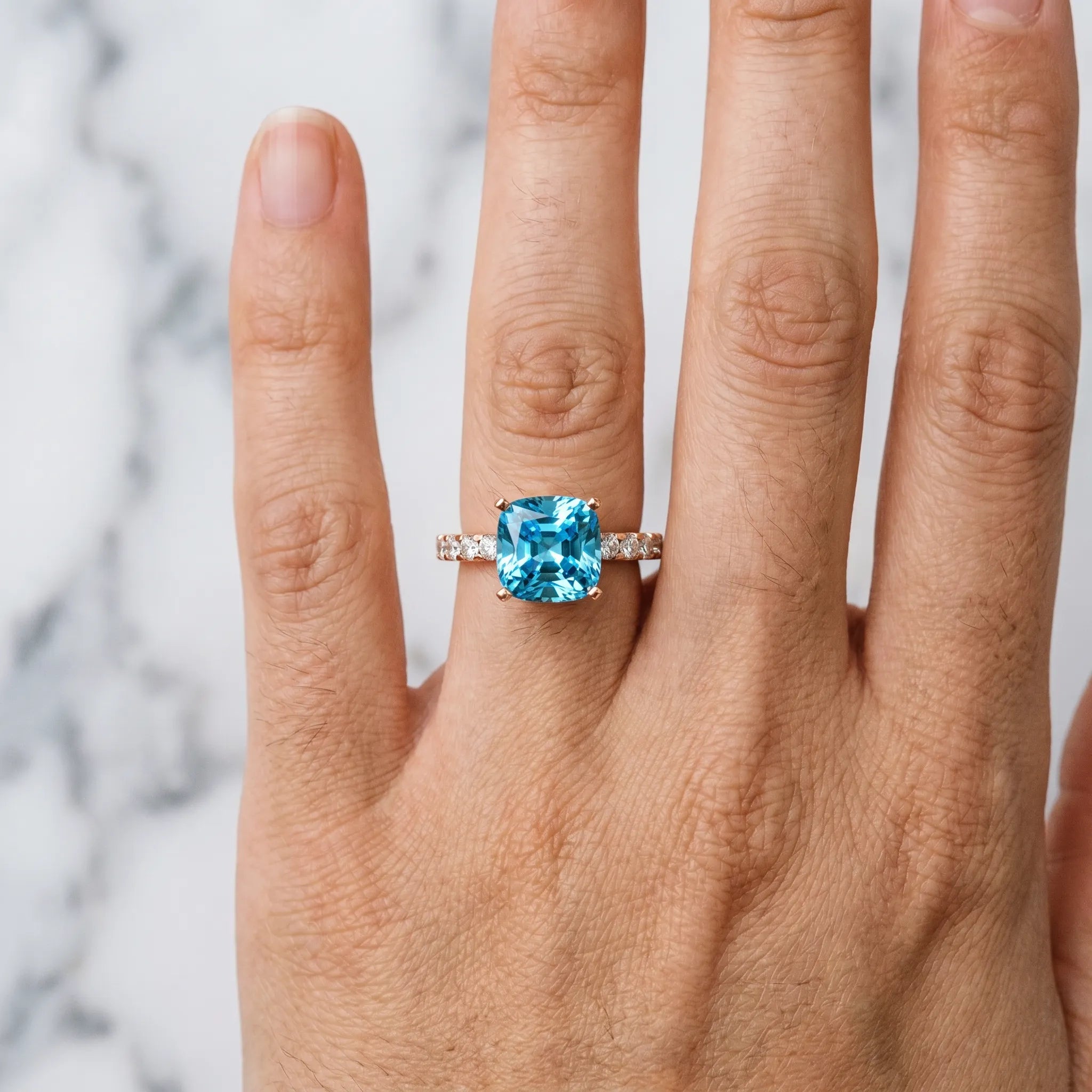 Rose gold Cushion Cut Blue Topaz Solitaire Ring with Round  Pavé Band and Four-Prong Setting_54