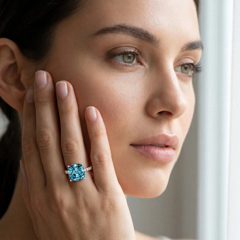 Rose gold Cushion Cut Blue Topaz Solitaire Ring with Round  Pavé Band and Four-Prong Setting_55