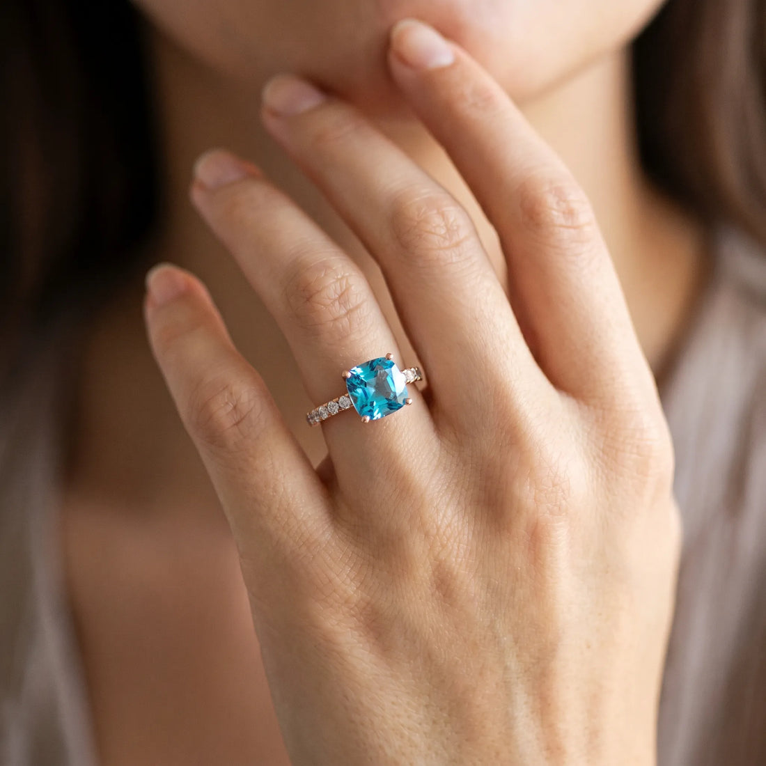 Rose gold Cushion Cut Blue Topaz Solitaire Ring with Round  Pavé Band and Four-Prong Setting_56