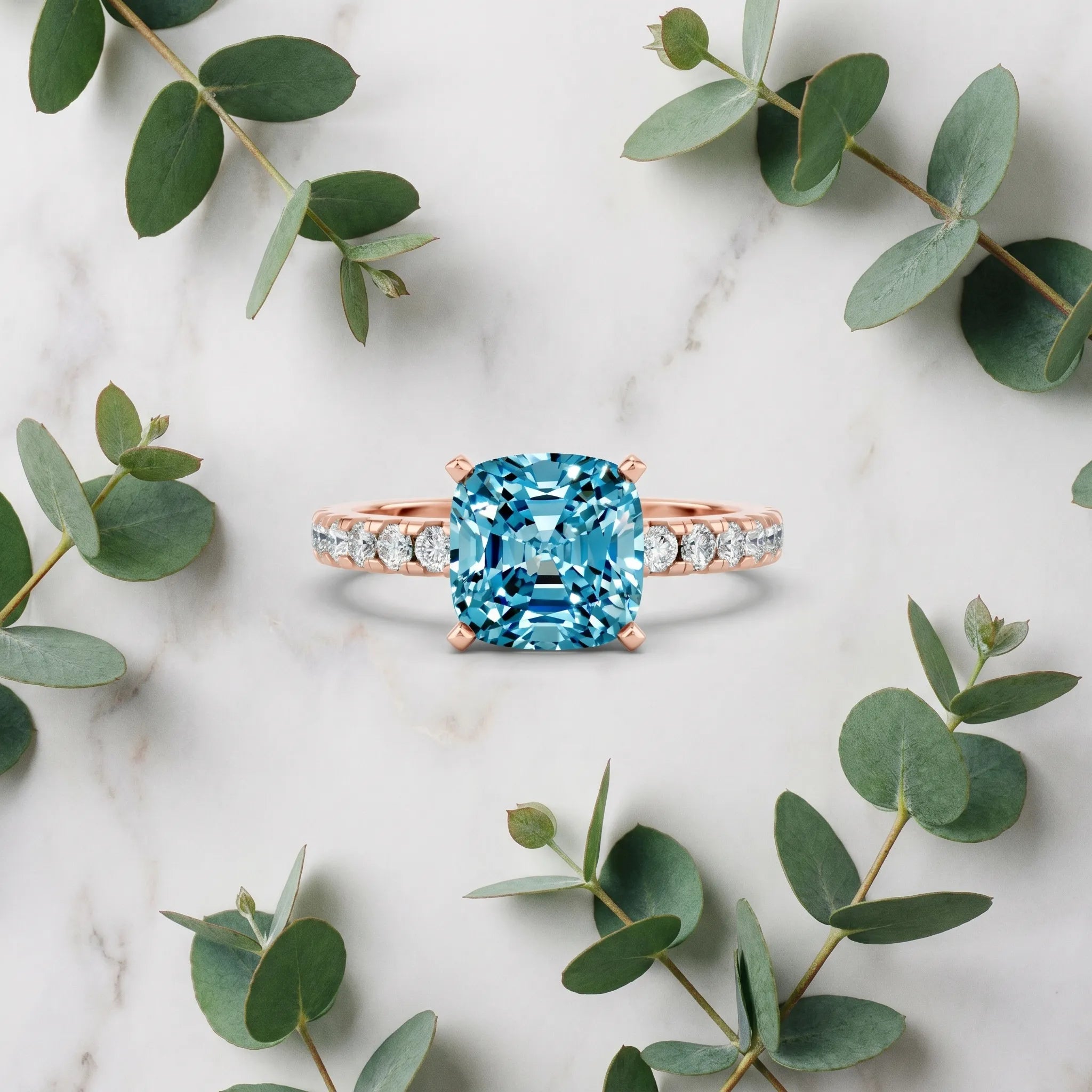 Rose gold Cushion Cut Blue Topaz Solitaire Ring with Round  Pavé Band and Four-Prong Setting_57