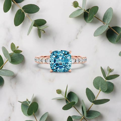 Rose gold Cushion Cut Blue Topaz Solitaire Ring with Round  Pavé Band and Four-Prong Setting_57