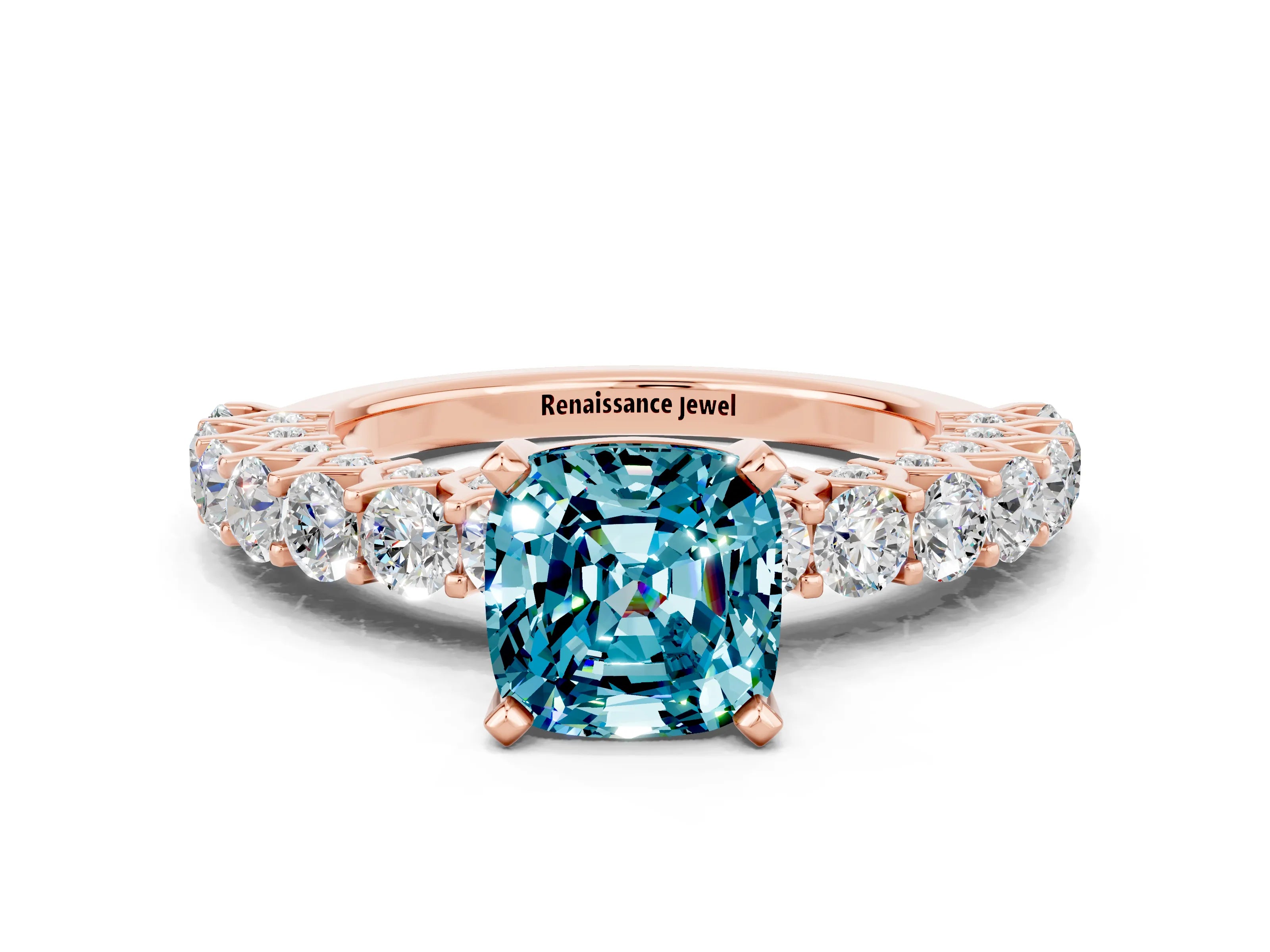 Rose gold Cushion Cut Blue Topaz Solitaire Ring with Shared Prong Pavé Band and Four-Prong Setting