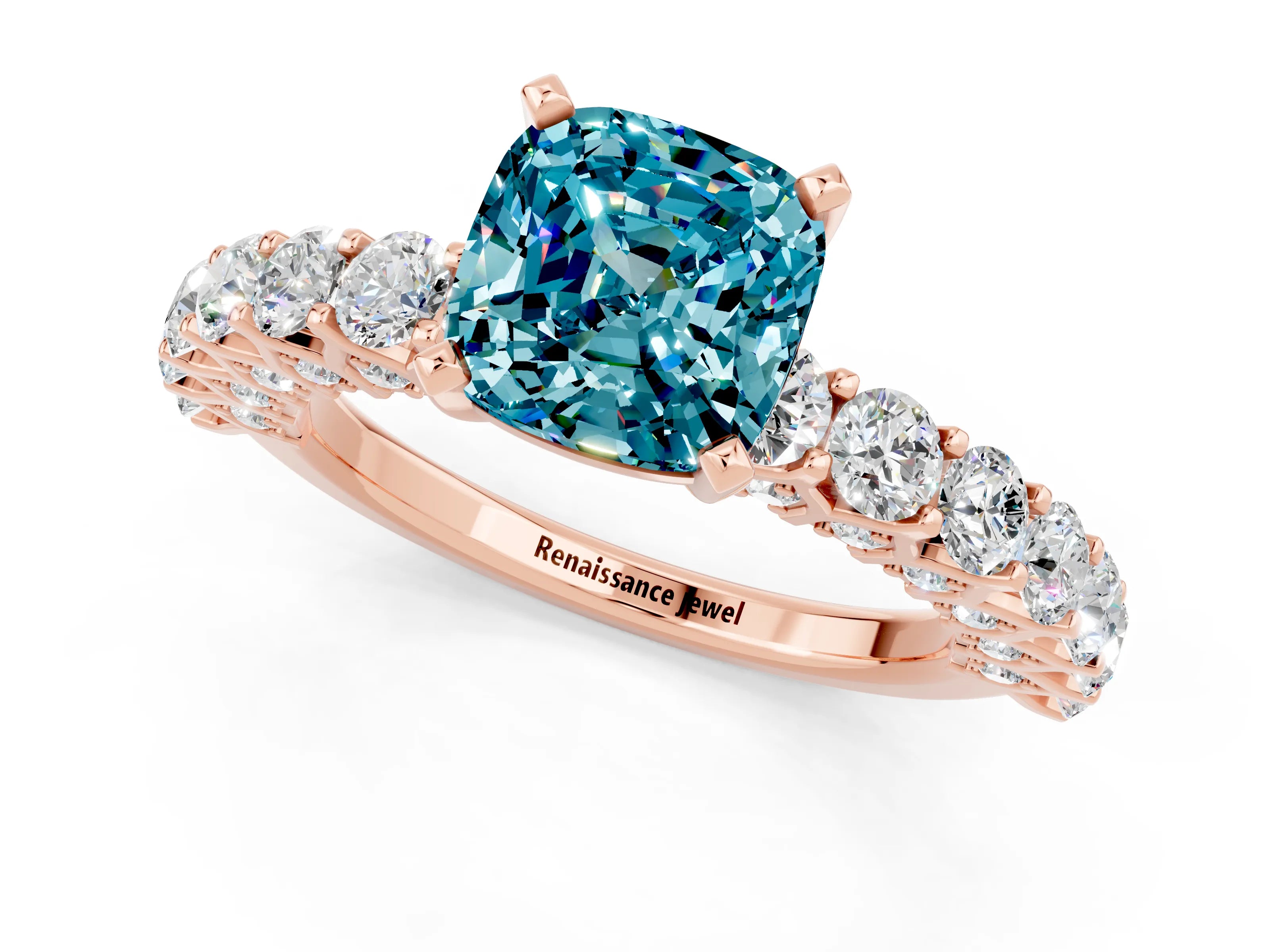 Rose gold Cushion Cut Blue Topaz Solitaire Ring with Shared Prong Pavé Band and Four-Prong Setting_1