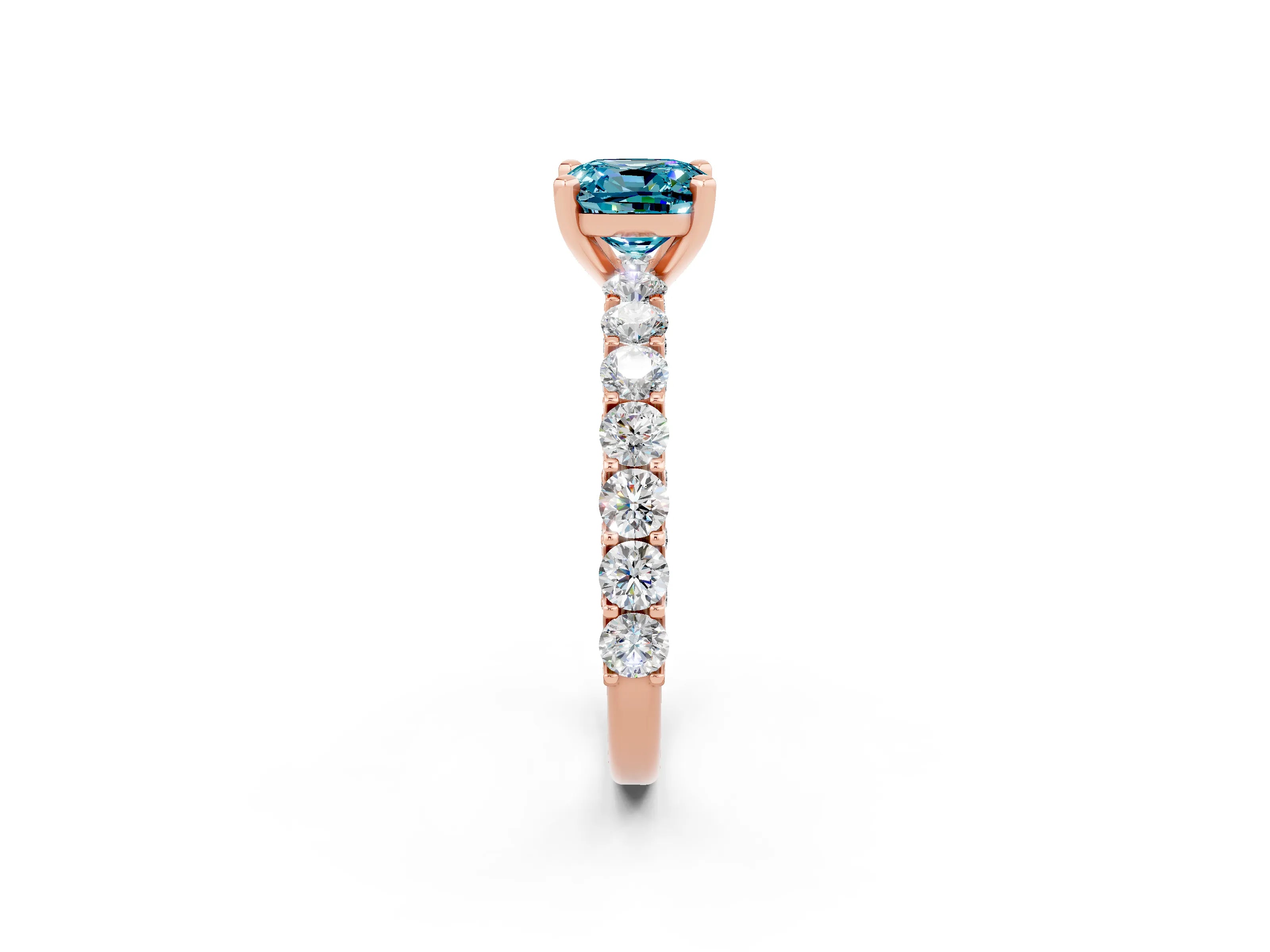 Rose gold Cushion Cut Blue Topaz Solitaire Ring with Shared Prong Pavé Band and Four-Prong Setting_2