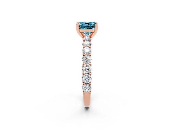 Rose gold Cushion Cut Blue Topaz Solitaire Ring with Shared Prong Pavé Band and Four-Prong Setting