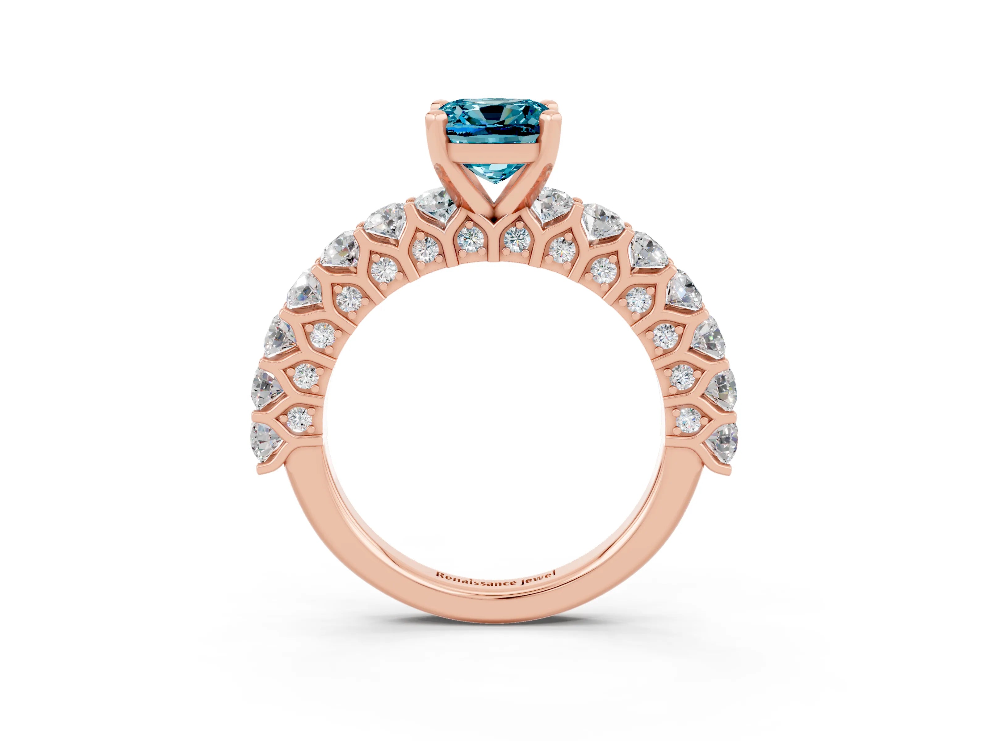 Rose gold Cushion Cut Blue Topaz Solitaire Ring with Shared Prong Pavé Band and Four-Prong Setting_3