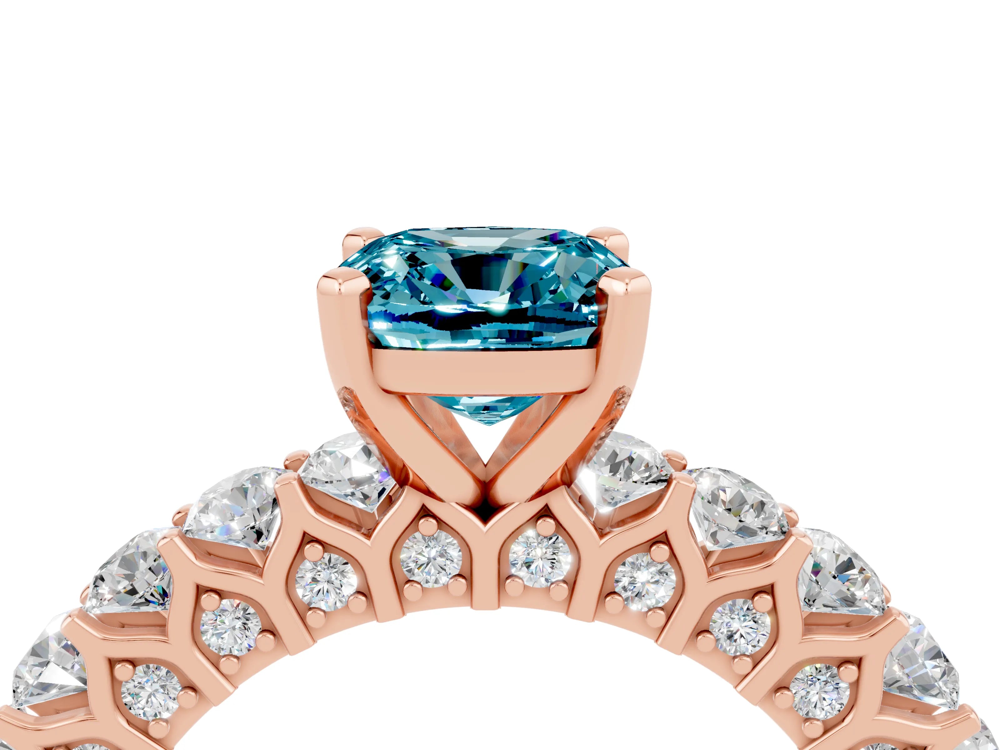 Rose gold Cushion Cut Blue Topaz Solitaire Ring with Shared Prong Pavé Band and Four-Prong Setting_4