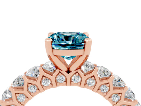 Rose gold Cushion Cut Blue Topaz Solitaire Ring with Shared Prong Pavé Band and Four-Prong Setting_4