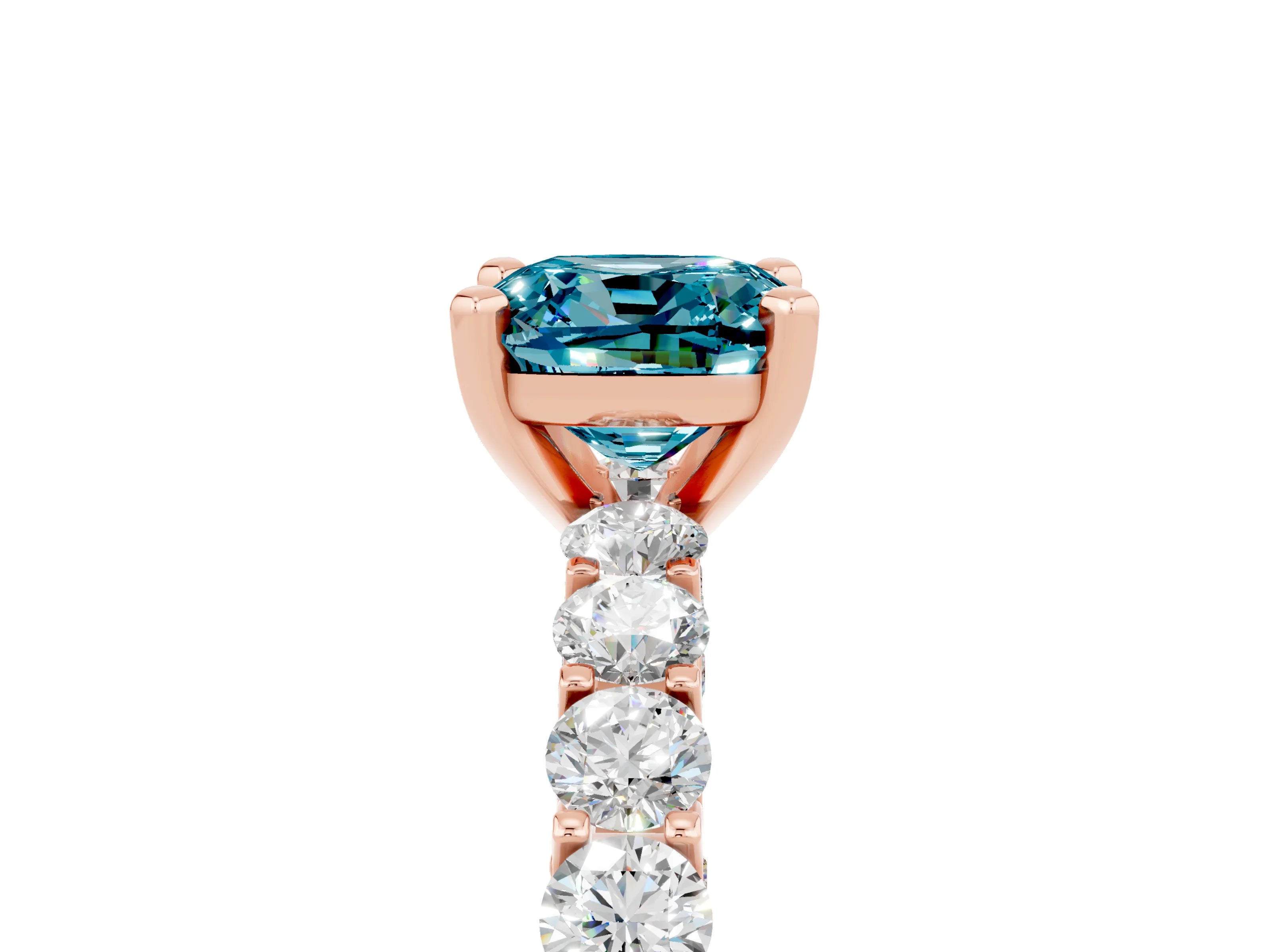 Rose gold Cushion Cut Blue Topaz Solitaire Ring with Shared Prong Pavé Band and Four-Prong Setting_5