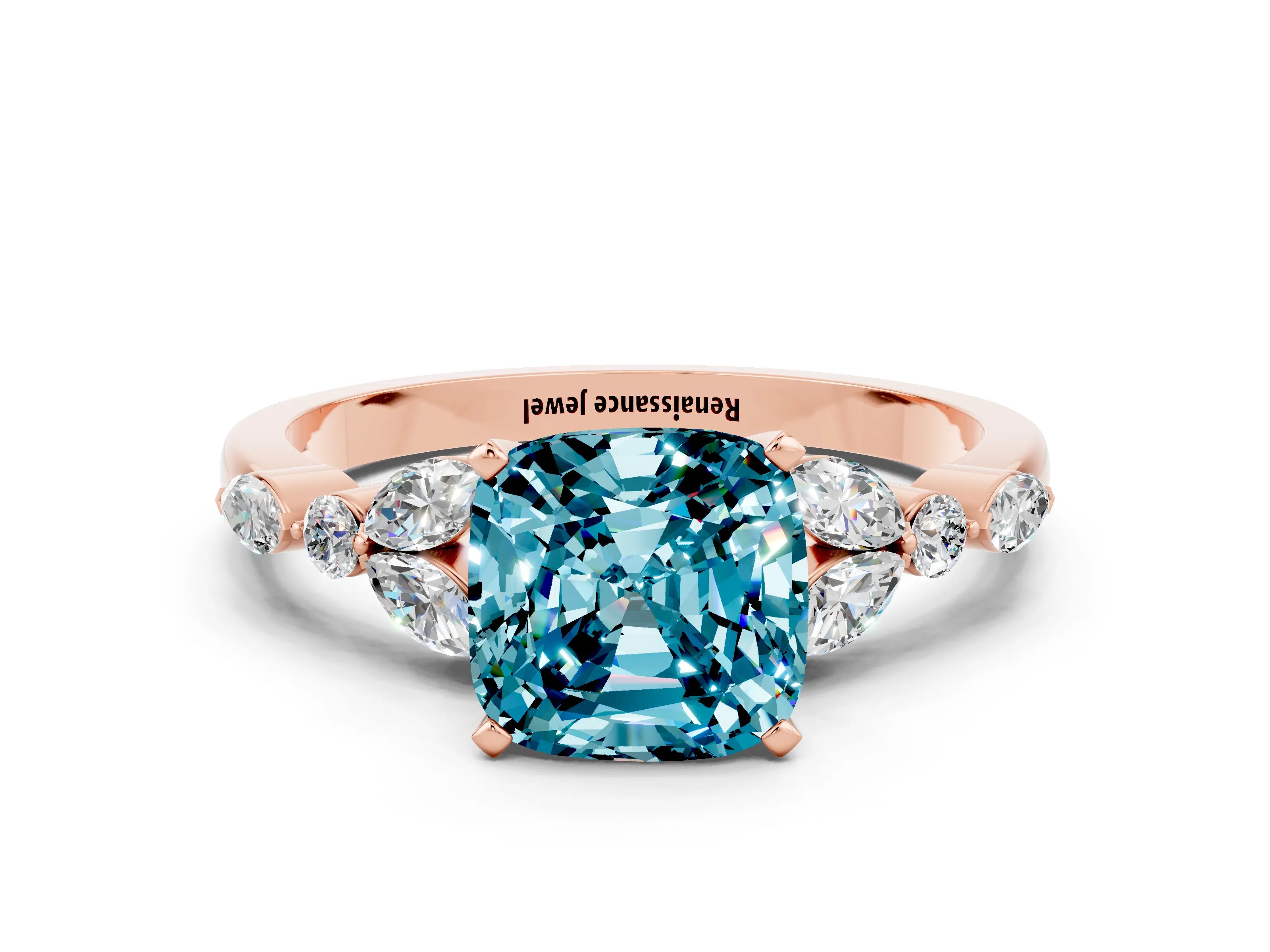 Rose gold Cushion Cut Blue Topaz Solitaire Ring with Side Stones and Four-Prong Setting_12