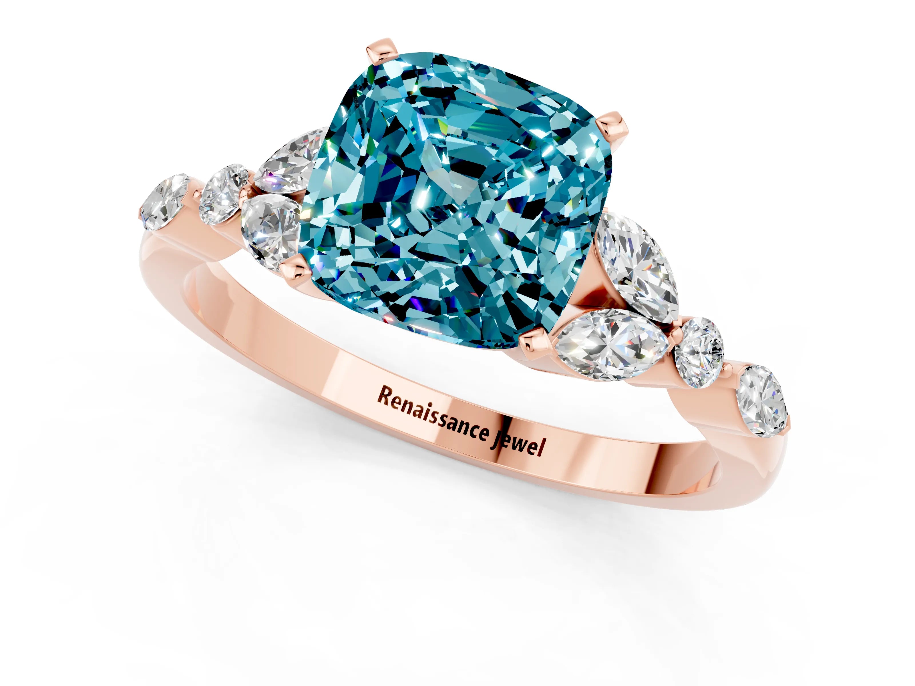 Rose gold Cushion Cut Blue Topaz Solitaire Ring with Side Stones and Four-Prong Setting_13