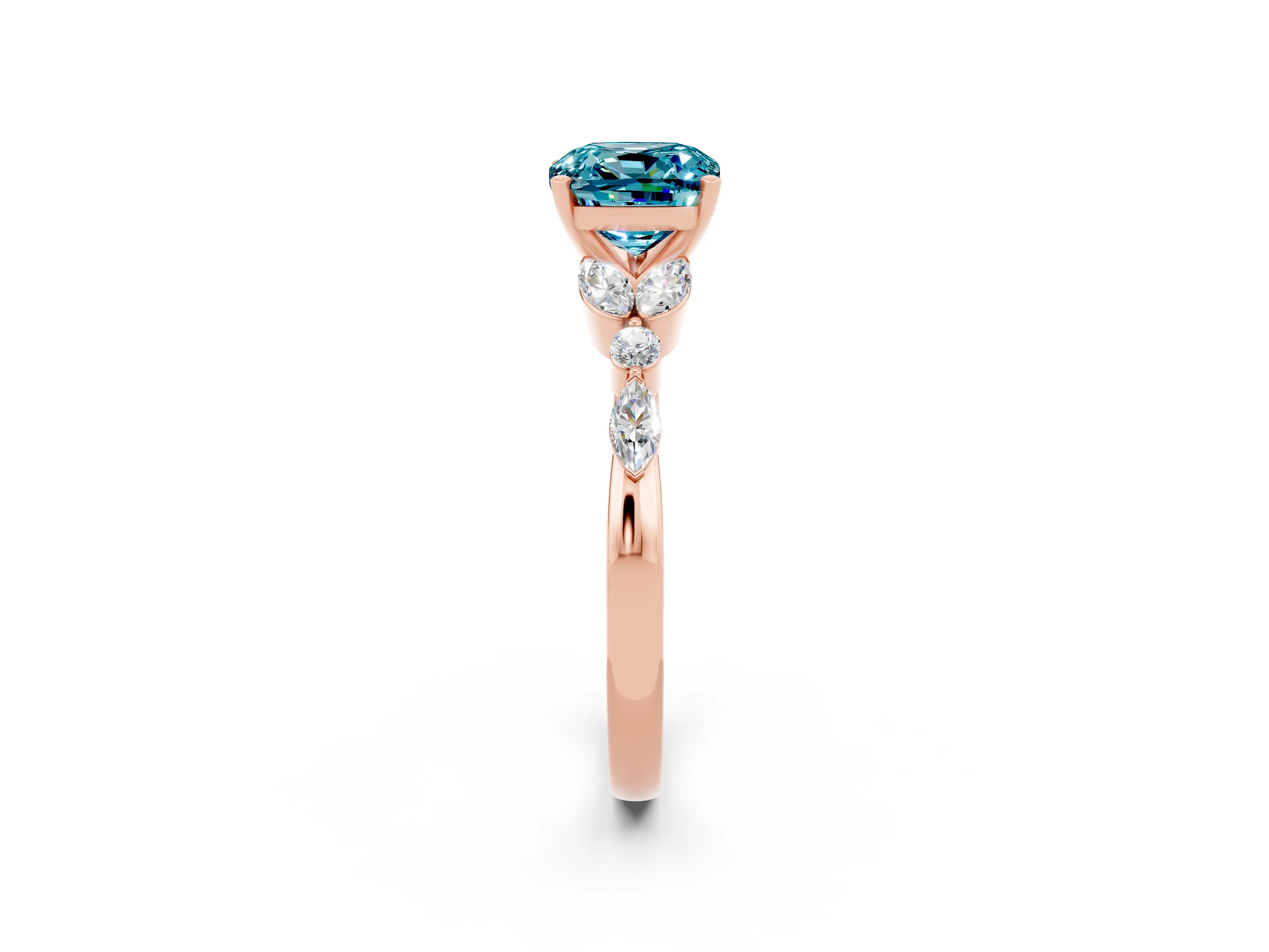 Rose gold Cushion Cut Blue Topaz Solitaire Ring with Side Stones and Four-Prong Setting_14