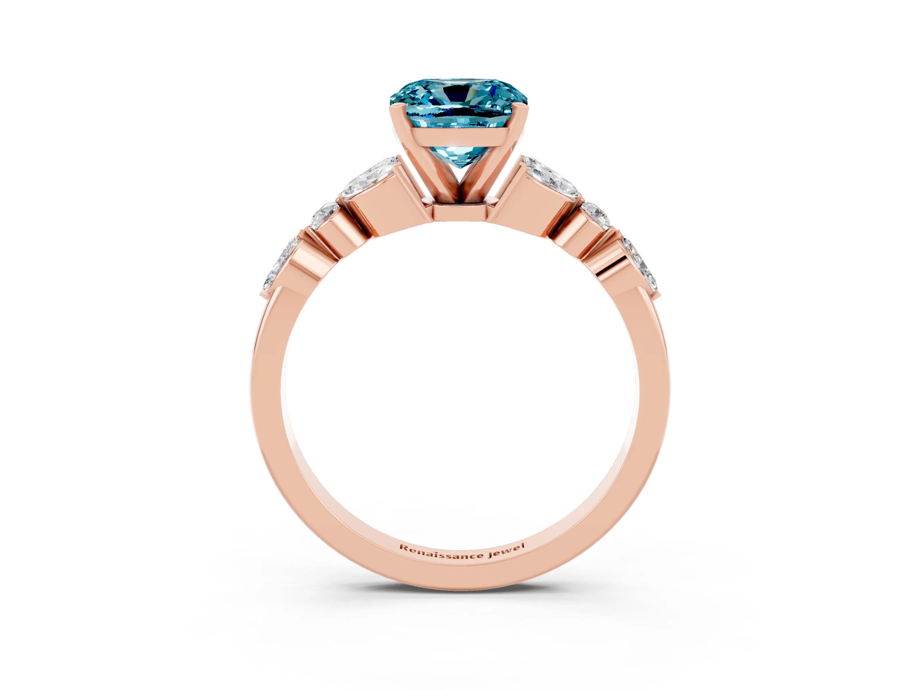 Rose gold Cushion Cut Blue Topaz Solitaire Ring with Side Stones and Four-Prong Setting_15