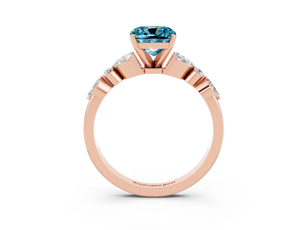 Rose gold Cushion Cut Blue Topaz Solitaire Ring with Side Stones and Four-Prong Setting