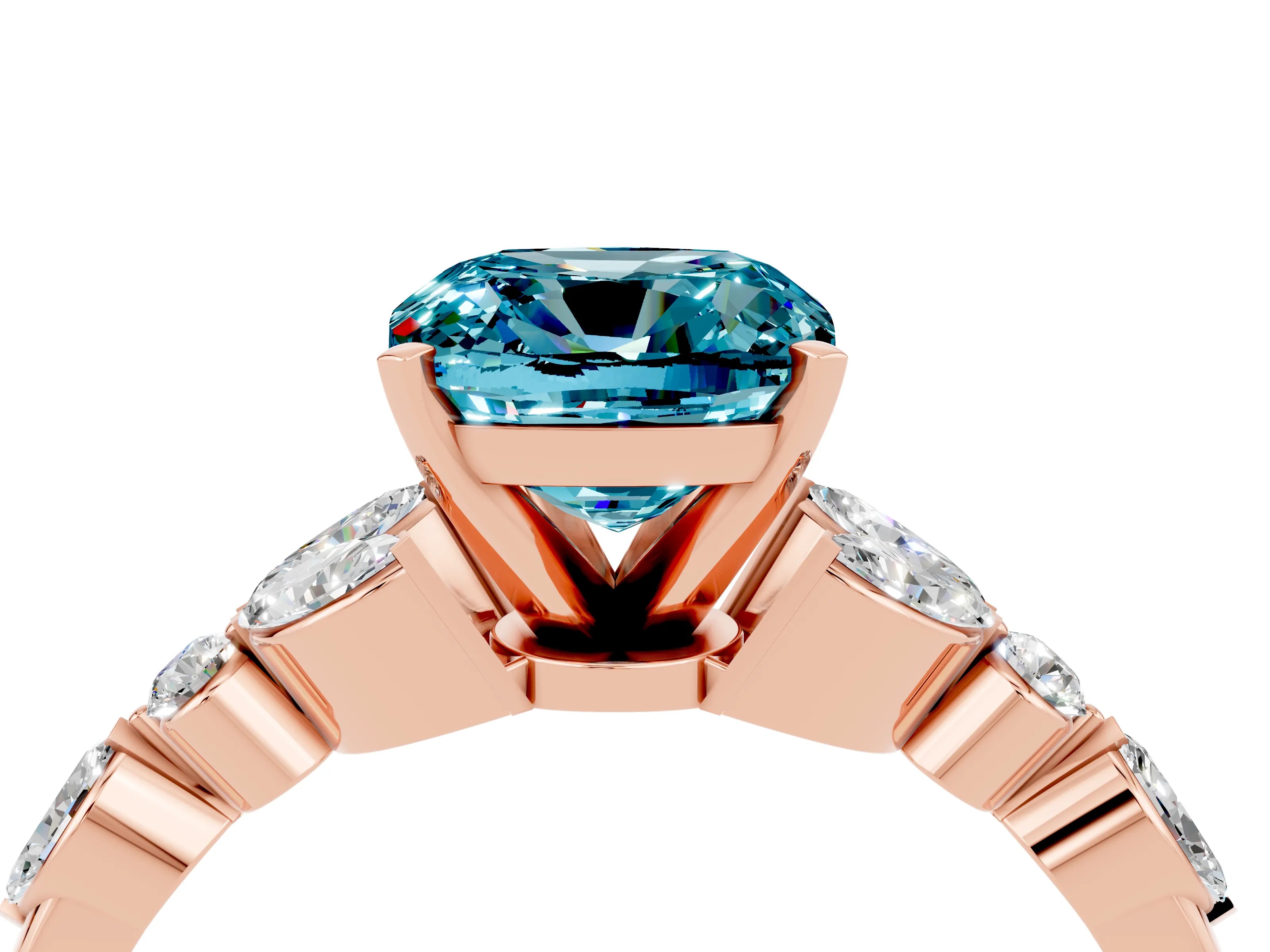Rose gold Cushion Cut Blue Topaz Solitaire Ring with Side Stones and Four-Prong Setting_16