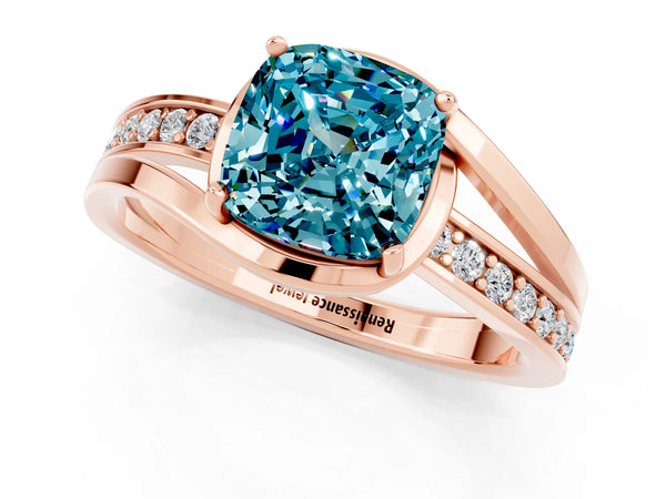 Rose gold Cushion Cut Blue Topaz Solitaire Ring with Split Shank and Prong Setting