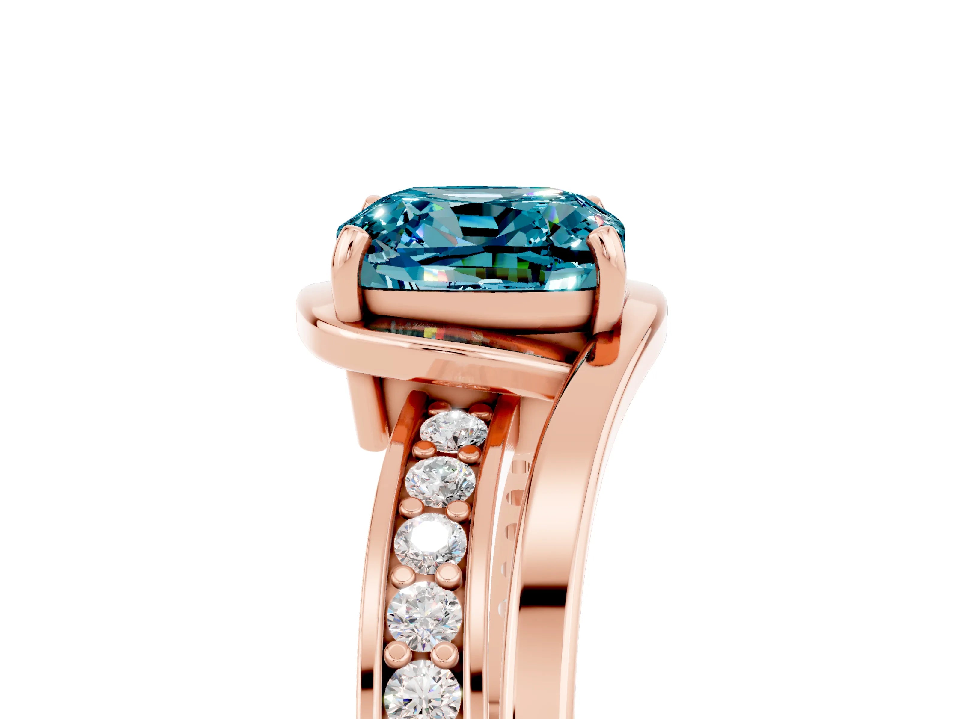 Rose gold Cushion Cut Blue Topaz Solitaire Ring with Split Shank and Prong Setting_5