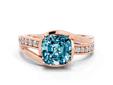 Rose gold Cushion Cut Blue Topaz Solitaire Ring with Split Shank and Prong Setting