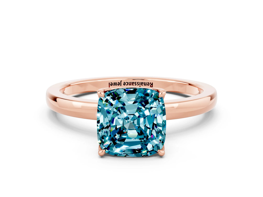 Rose gold Cushion Cut Blue Topaz Solitaire Ring with Thin Band and Prong Setting_12