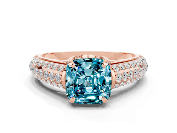 Rose gold Cushion Cut Blue Topaz Solitaire Ring with Three-Row Pavé Band and Four-Prong Setting
