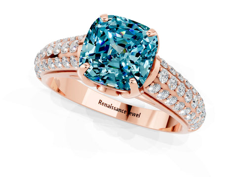 Rose gold Cushion Cut Blue Topaz Solitaire Ring with Three-Row Pavé Band and Four-Prong Setting_13