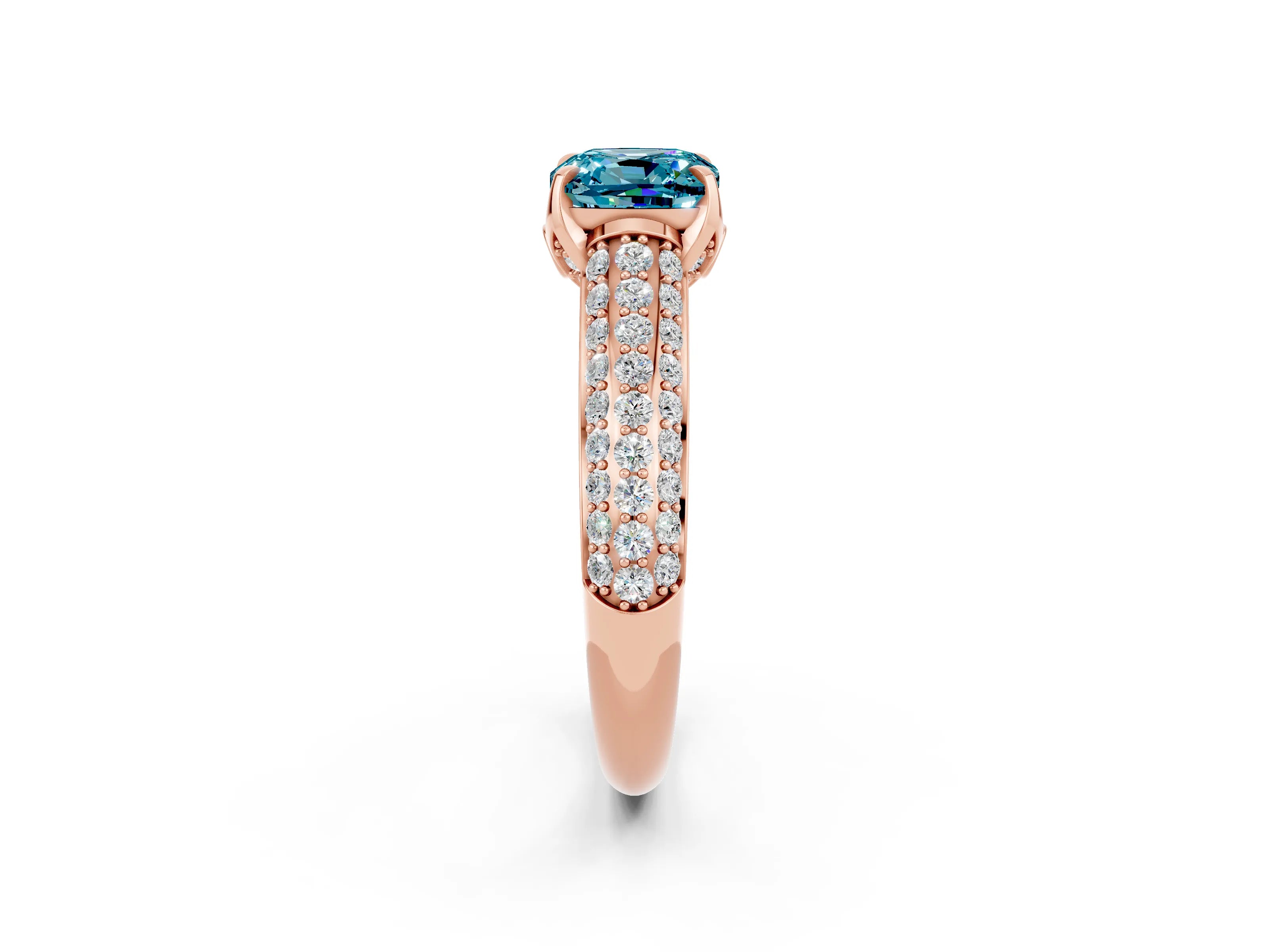 Rose gold Cushion Cut Blue Topaz Solitaire Ring with Three-Row Pavé Band and Four-Prong Setting_14