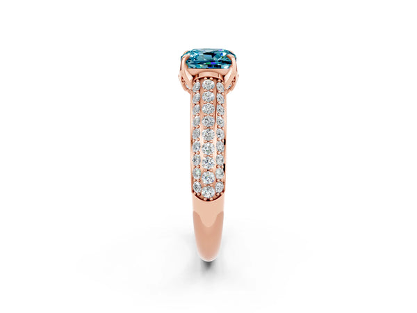 Rose gold Cushion Cut Blue Topaz Solitaire Ring with Three-Row Pavé Band and Four-Prong Setting