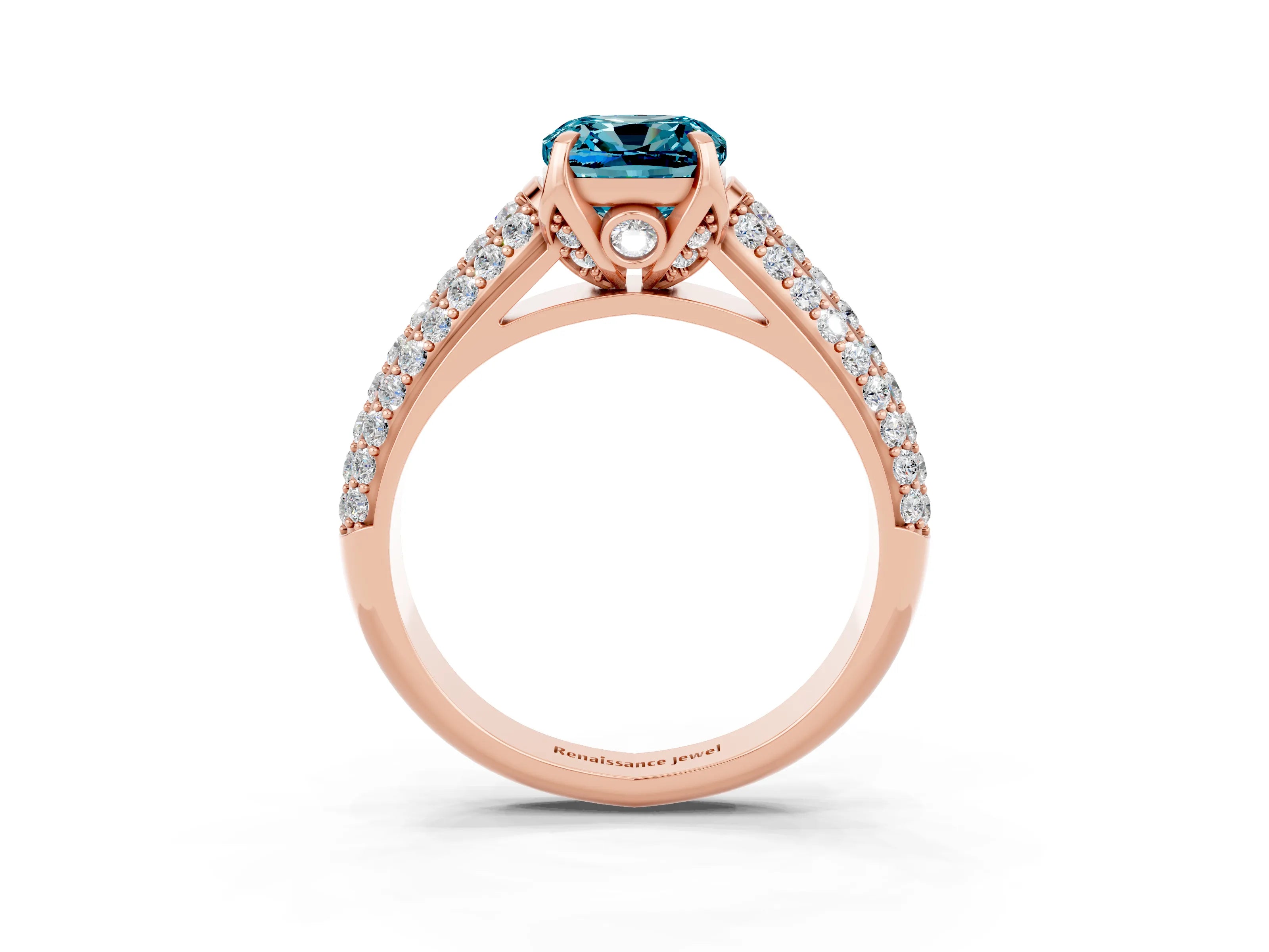 Rose gold Cushion Cut Blue Topaz Solitaire Ring with Three-Row Pavé Band and Four-Prong Setting_15
