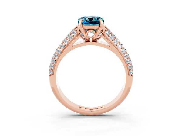 Rose gold Cushion Cut Blue Topaz Solitaire Ring with Three-Row Pavé Band and Four-Prong Setting