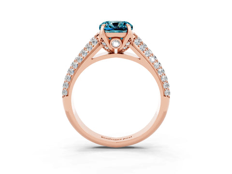 Rose gold Cushion Cut Blue Topaz Solitaire Ring with Three-Row Pavé Band and Four-Prong Setting_15