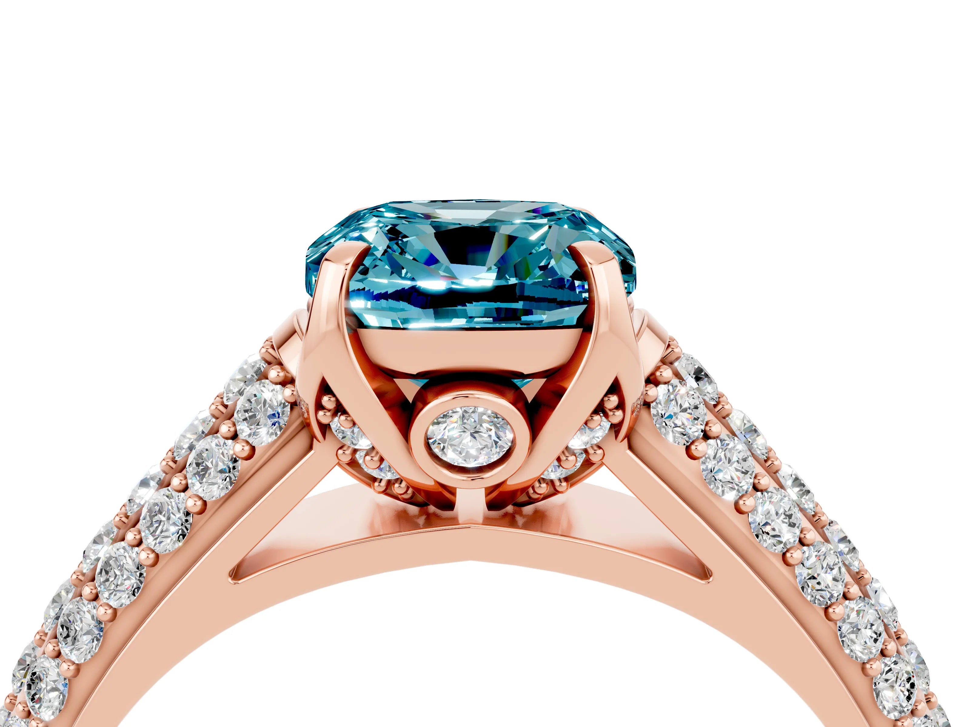 Rose gold Cushion Cut Blue Topaz Solitaire Ring with Three-Row Pavé Band and Four-Prong Setting_16
