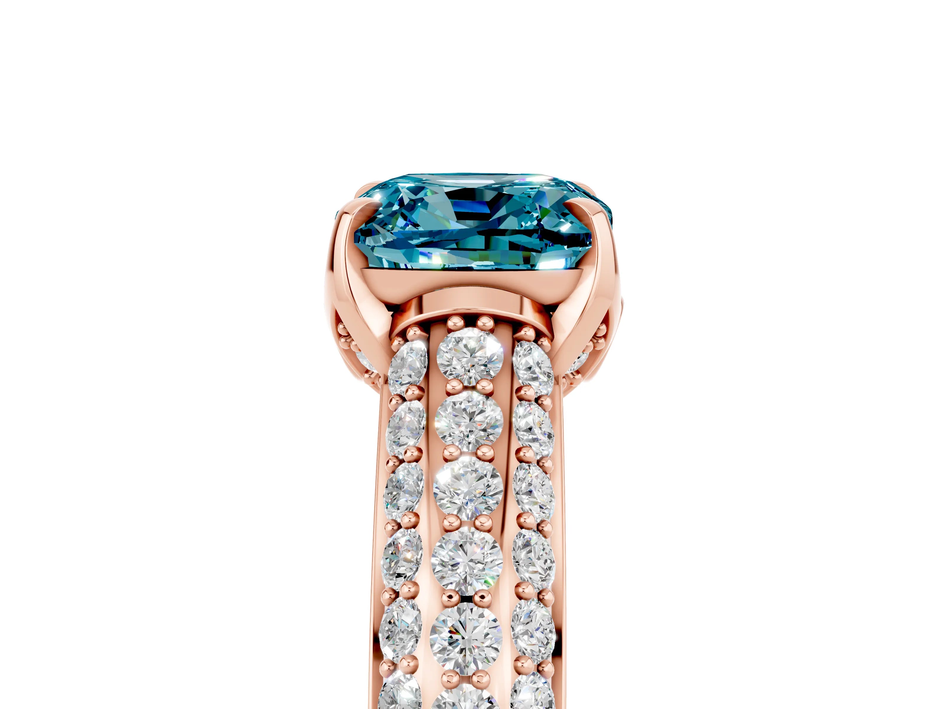 Rose gold Cushion Cut Blue Topaz Solitaire Ring with Three-Row Pavé Band and Four-Prong Setting_17