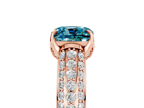 Rose gold Cushion Cut Blue Topaz Solitaire Ring with Three-Row Pavé Band and Four-Prong Setting_17