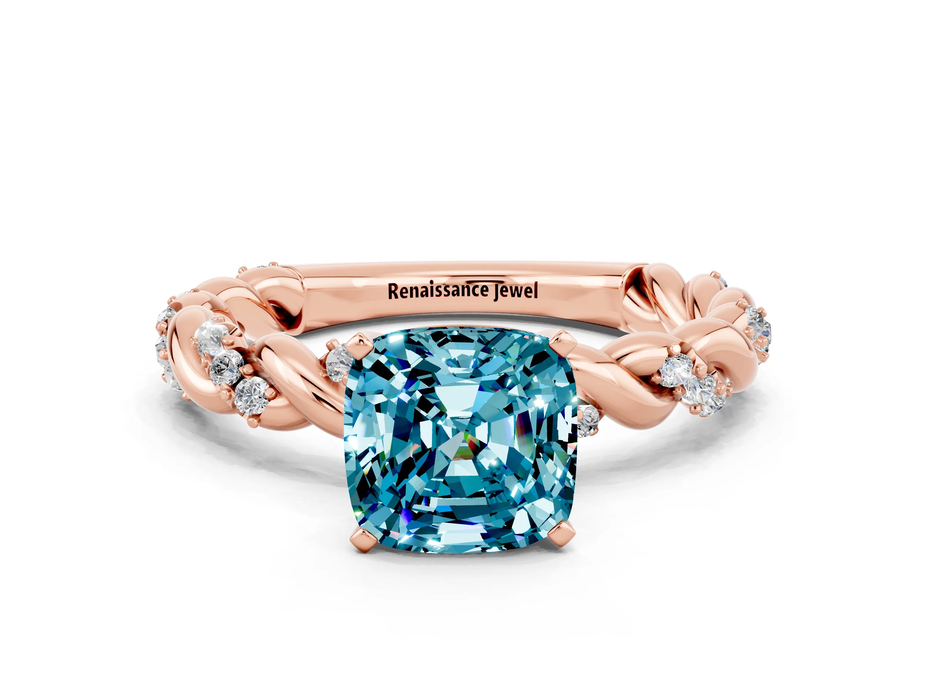 Rose gold Cushion Cut Blue Topaz Solitaire Ring with Twisted Band and Pavé Accents