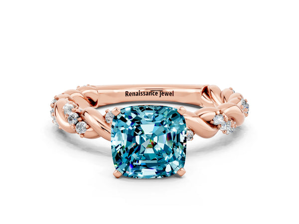 Rose gold Cushion Cut Blue Topaz Solitaire Ring with Twisted Band and Pavé Accents