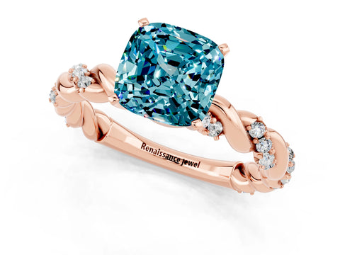Rose gold Cushion Cut Blue Topaz Solitaire Ring with Twisted Band and Pavé Accents_1