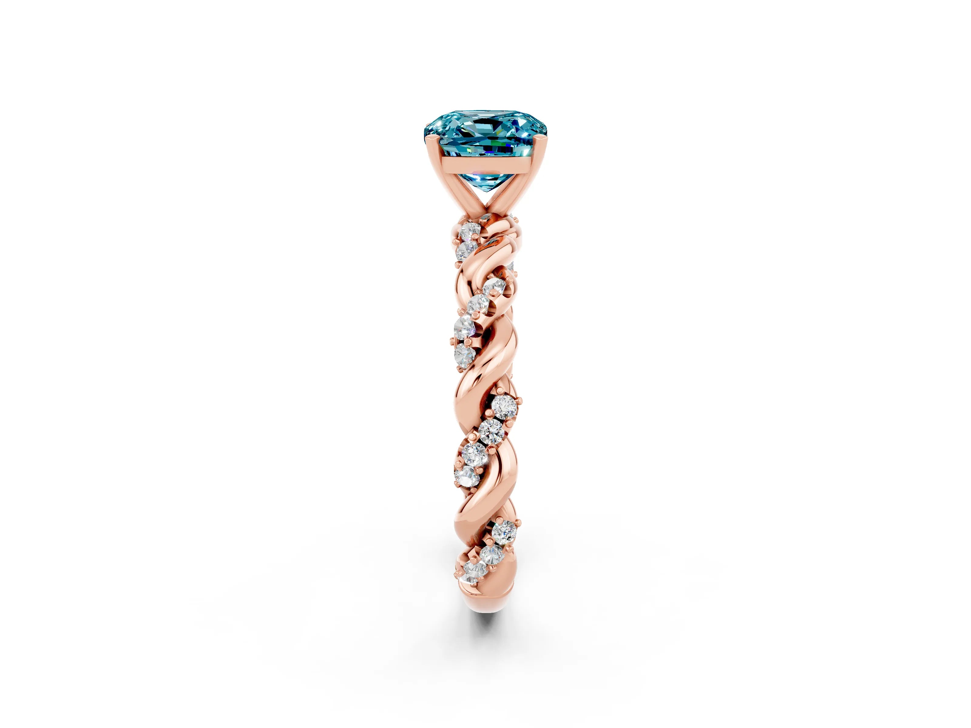 Rose gold Cushion Cut Blue Topaz Solitaire Ring with Twisted Band and Pavé Accents_2