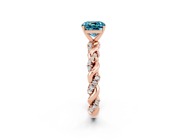 Rose gold Cushion Cut Blue Topaz Solitaire Ring with Twisted Band and Pavé Accents