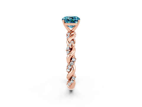 Rose gold Cushion Cut Blue Topaz Solitaire Ring with Twisted Band and Pavé Accents_2