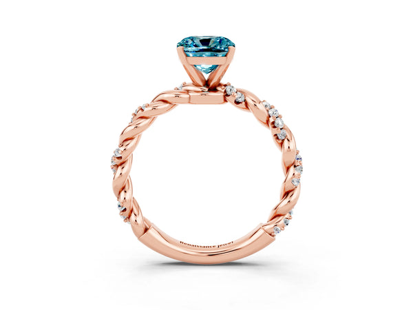Rose gold Cushion Cut Blue Topaz Solitaire Ring with Twisted Band and Pavé Accents