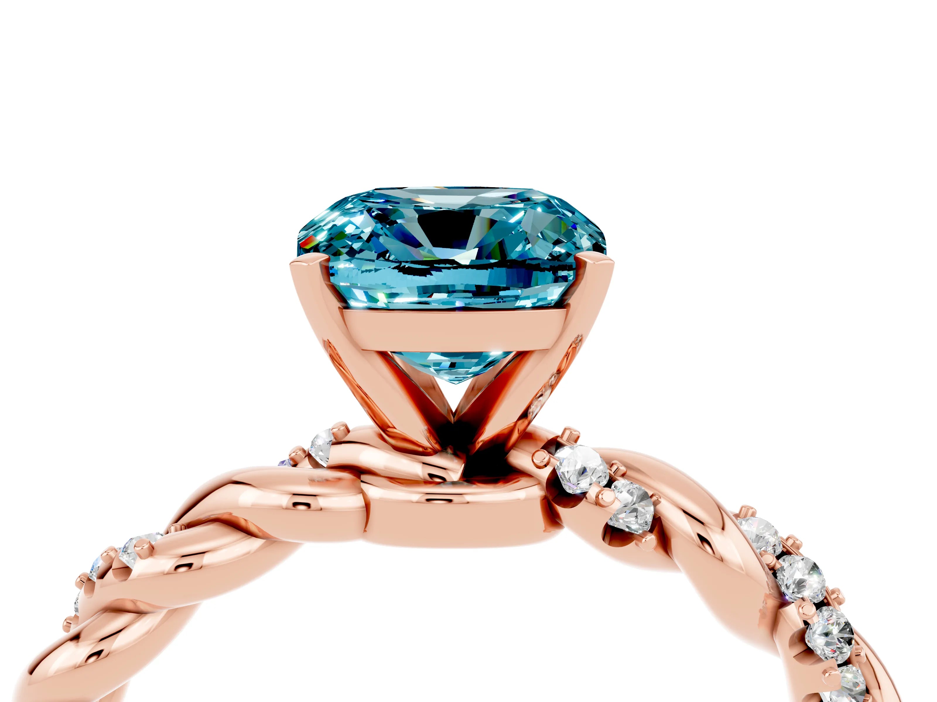 Rose gold Cushion Cut Blue Topaz Solitaire Ring with Twisted Band and Pavé Accents_4