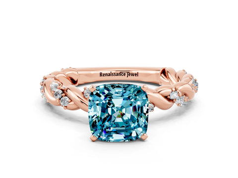 Rose gold Cushion Cut Blue Topaz Solitaire Ring with Twisted Band and Pavé Accents