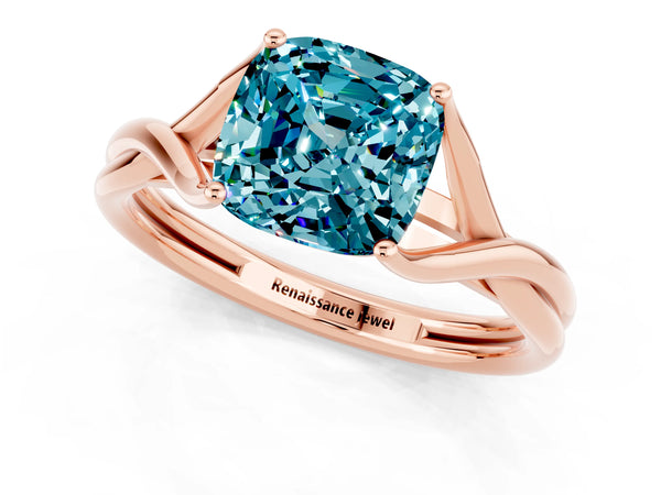 Rose gold Cushion Cut Blue Topaz Solitaire Twist Band Prong Setting Ring